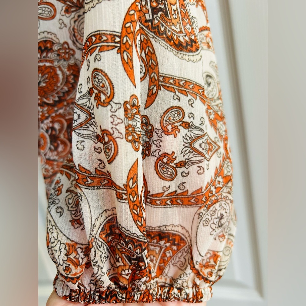 Rachel Zoe BOHO Long Sleeve Sheer Rust and Cream Paisley Button-Down Shirt. - Picture 4 of 7